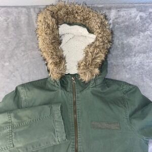 GAP Olive Green Sherpa Lined Hooded Parka Jacket with Faux Fur Hood Women's XS